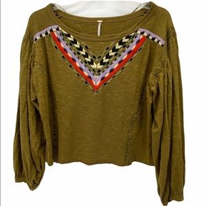 FREE PEOPLE OLIVE EMBROIDERED LONG SLEEVE TOP M
